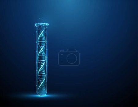 Blue 3d DNA molecule helix in the lab test tube. Scientific research concept. Gene editing, genetic biotechnology engineering. Low poly style. Abstract wireframe light structure. Vector