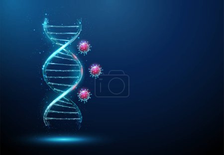 Blue 3d DNA molecule helix with viruses behind. Crispr cas9 system. Gene editing, genetic biotechnology engineering concept. Low poly style. Abstract wireframe light structure. Vector