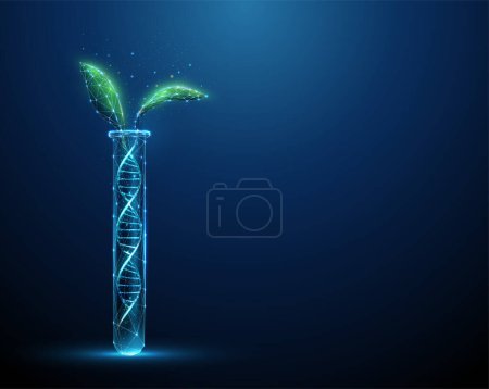 Grüne Pflanzenblätter, die aus dem blauen DNA-Molekül Helix im Reagenzglas wachsen. Gentechnisch verändertes Produkt. Gene Editing, gentechnisches Biotechnologiekonzept. Abstrakter Drahtgittervektor im Low-Poly-Stil.