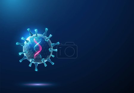 Virus azul abstracto con hélice de molécula de ADN 3d púrpura dentro. Diseño de bajo estilo polivinílico. Fondo geométrico. Estructura de conexión gráfica de luz Wireframe. Vector