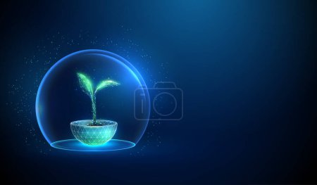 Abstract green growing plant in pot inside glass dome. Nature protection concept. Low poly style design. Blue geometric background. Wireframe light connection structure. 3d graphic concept. Vector