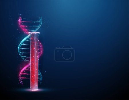 Farbe 3D DNA Molekül Helix in der Nähe des Laborteströhrchens mit Blut im Inneren. Genetisches Testkonzept. Gentechnik, Gentechnik. Low Poly Stil. Abstrakte Drahtstruktur-Lichtstruktur. Vektor