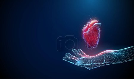 Abstract blue giving hand with red human heart. Healthcare medical concept. Low poly style design. Geometric background. Wireframe light connection structure. Modern 3d graphic concept. Vector.