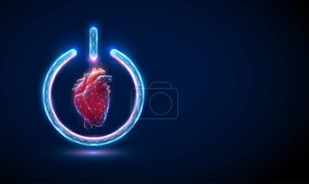 Abstract red human heart in glowing power button. Healthcare medical concept. Low poly style design. Geometric background. Wireframe light connection structure. Modern 3d graphic. Vector illustration.