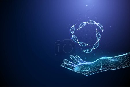 Abstracto azul dando la mano con helixes de ADN voladores. Ingeniería genética, concepto de biotecnología. Diseño de bajo estilo polivinílico. Fondo geométrico gráfico 3D moderno. Estructura de conexión de luz Wireframe. Vector.