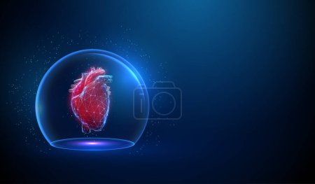 Corazón humano rojo abstracto en cúpula de cristal transparente. Protección del corazón. Concepto médico de salud. Diseño de bajo estilo polivinílico. Fondo geométrico. Estructura de conexión Wireframe. Moderno gráfico 3d. Vector
