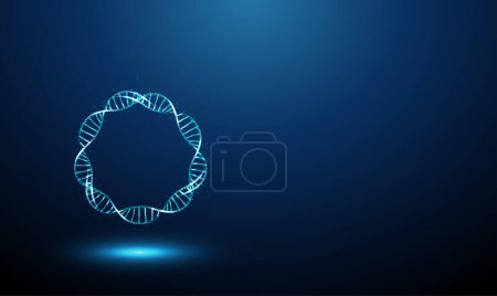 Hélices de molécula de ADN azul abstracto giraban en sircle. Edición de genes, concepto de ingeniería genética. Diseño de bajo estilo polivinílico. Fondo geométrico. Estructura de conexión gráfica de luz Wireframe. Vector.