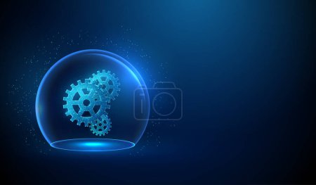 Abstract blue glowing cogwheels in transparent glass dome. Automation work concept. Low poly style design. Geometric background. Wireframe light connection structure. Modern 3d graphic. Vector.