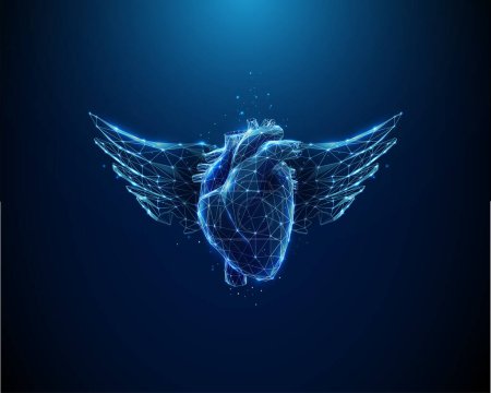 Abstract blue human heart with wings. International day of heart 29th of september. Low poly style design. Geometric background. Wireframe light connection structure. Modern 3d graphic concept. Vector