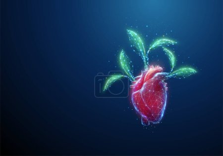 Abstract red human heart with green leafs growing from it. Healthcare medical concept. Low poly style design. Geometric background. Wireframe light connection structure. Modern 3d graphic. Vector