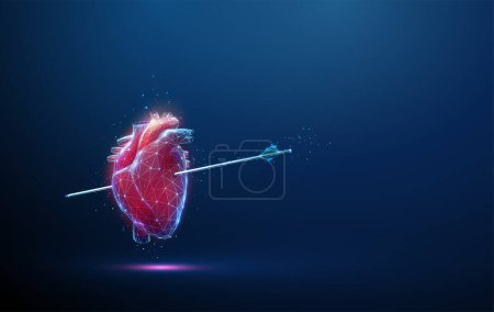 Abstract red human heart with arrow inside. Happy Valentines day concept. Low poly style design. Geometric background. Wireframe light connection structure. Modern 3d graphic concept. Vector