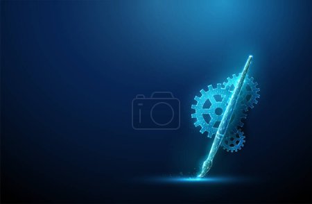 Abstract brush tool with gears. Low poly style design. AI image generation tool concept. Abstract geometric background. Wireframe light connection structure. Modern 3d graphic concept. Vector.