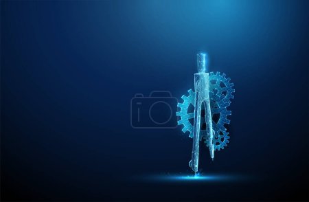 Abstract blue open compasses tool with gears. AI generation tool concept. Low poly style design. Abstract geometric background. Wireframe light connection structure. Modern 3d graphic concept. Vector.