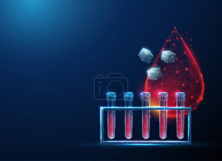 Low poly medical test tubes with drop of blood and sugar pieces. Diabetes concept. Low poly style design. Abstract futuristic geometric background. Wireframe light structure. Modern 3d graphic. Vector