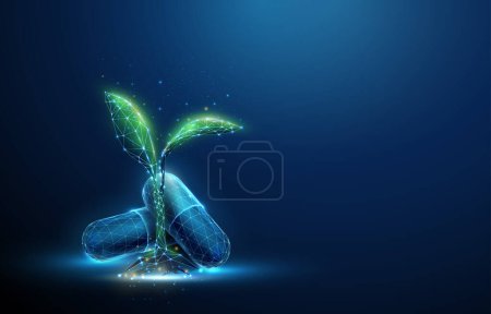 Ilustración de Grupo de dos cápsulas medicinales azules abstractas con planta verde. Concepto de farmacia médica sanitaria. Diseño de bajo estilo polivinílico. Fondo geométrico. Estructura de luz Wireframe Moderno gráfico 3D. Vector - Imagen libre de derechos
