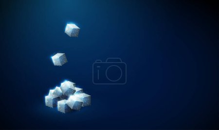 Abstract heap of white cubes of sugar with falling pieces of sugar. Sugar sweetener. Low poly style design. Modern 3d graphic concept. Blue geometric background. Wireframe connection structure. Vector