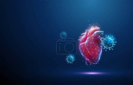 Corazón humano rojo abstracto con virus azules atacantes. Concepto médico de salud. Diseño de bajo estilo polivinílico. Fondo geométrico. Estructura de conexión de luz Wireframe. Moderno concepto gráfico 3d. Vector
