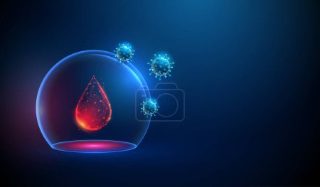 Abstract red drop of blood in transparent glass cupola with attacking viruses. Low poly style. Virus protection concept. Blue geometric background. Wireframe light structure. Modern 3d graphic. Vector