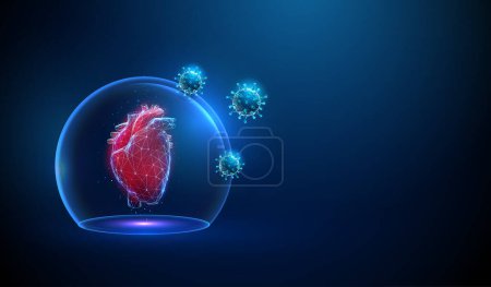 Corazón humano rojo abstracto en cúpula de vidrio transparente con virus atacantes. Protección del corazón. Concepto médico de salud. Bajo estilo poli. Fondo geométrico. Estructura de conexión Wireframe. Vector.