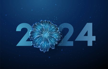 Abstract blue flower and number 2024 Year. Greeting card. Low poly style design. Abstract geometric background. Wireframe light structure. Modern 3d graphic concept. Vector illustration.
