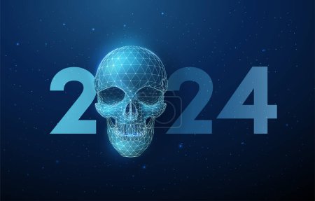 Abstract blue scull and number 2024 New Year greeting card. Low poly style design. Abstract geometric background. Wireframe light structure. Modern 3d graphic concept. Vector illustration