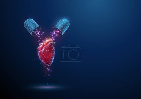 Ilustración de Resumen órgano rojo del corazón humano y cápsula de medicamento médico azul abierto con partículas que caen. Concepto de farmacia médica sanitaria. Bajo estilo poli. Fondo geométrico. Moderno gráfico 3d. Vector - Imagen libre de derechos
