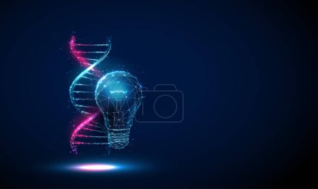 Abstrakte blaue Glühbirne, blaue und lila 3D DNA Molekül Helix. Biotechnologisch-technisches Konzept. Low Poly Stil. Geometrischer Hintergrund. Drahtgestell Licht Verbindungsstruktur Moderne 3D-Grafik Vektor