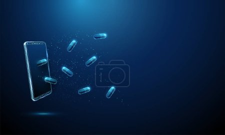 Illustration for Abstract blue medical capsule flying from smartphone. Medicine delivery, tracking concept. Low poly style. Geometric background. Wireframe light connection structure. Modern 3d graphic. Vector - Royalty Free Image