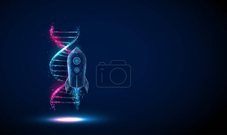 Abstrakte fliegende Rakete und blaue und lila 3D DNA Molekül Helix. Biotechnologisch-technisches Konzept. Low Poly Stil. Geometrischer Hintergrund. Drahtgestell Licht Verbindungsstruktur Moderne 3D-Grafik Vektor