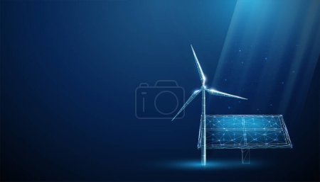 Abstract blue solar panel with wind turbine. Renewable power generation Green energy concept. Alternative source of energy Low poly style. Wireframe light connection structure Modern 3d graphic Vector
