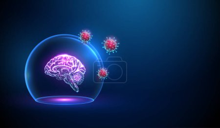 Abstract brain in blue glass dome attacked by red viruses. Medicine labaratory research concept. Low poly style. Blue geometric background. Wireframe connection structure. Modern 3d graphic. Vector