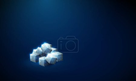 Abstract heap of white cubes of sugar. Sugar sweetener. Low poly style design. Modern 3d graphic concept. Blue geometric background. Wireframe connection structure. Vector