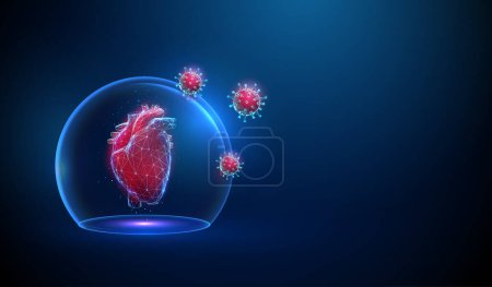 Abstraktes rotes menschliches Herz in transparenter Glaskuppel, das von roten Viren angegriffen wird. Herzschutz. Medizinisches Konzept des Gesundheitswesens. Low Poly Stil. Geometrischer Hintergrund. Drahtgebundene Verbindungsstruktur. Vektor.
