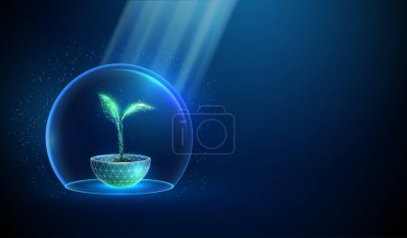 Abstract green growing plant in pot inside glass dome and sun beams. Nature protection and smart farming concept. Low poly style. Blue geometric background. Wireframe light tructure. 3d graphic Vector