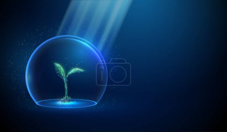 Abstract green growing plant inside glass dome and sun beams. Nature protection and smart farming concept. Low poly style. Blue geometric background. Wireframe light tructure. 3d graphic. Vector