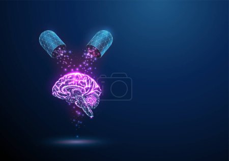 Abstrakte blaue Medikamentenkapsel mit fallenden Partikeln auf das Gehirn. Healthcare Medical Apothekenkonzept Low-Poly-Stil Geometrischer Hintergrund Wireframe Lichtstruktur Moderne 3D-Grafik Vektor
