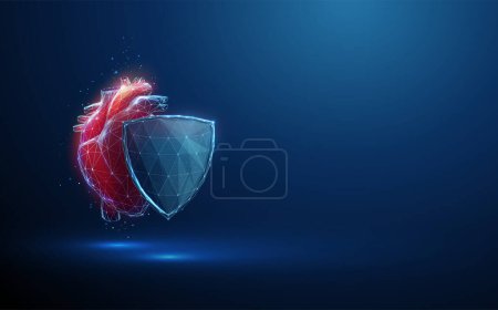 Abstract red human heart behind the blue futuristic guard shield. Heart healthcare medical concept. Low poly style. Geometric background. Wireframe connection structure. Modern 3d graphic. Vector