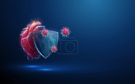 Corazón humano rojo abstracto detrás del escudo de guardia futurista atacado por virus. Protección del corazón. Concepto médico de salud. Bajo estilo polivinílico Fondo geométrico Estructura de conexión Wireframe Vector