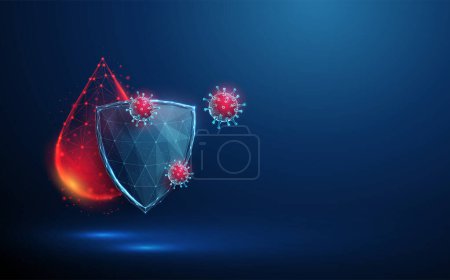 Abstract red drop of blood behind the blue guard shield attacked by viruses. Low poly style. Virus protection concept. Blue geometric background. Wireframe light structure. Modern 3d graphic. Vector