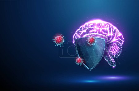 Cerebro abstracto detrás del escudo futurista azul atacado por virus rojos. Concepto de protección médica. Bajo estilo poli. Fondo geométrico. Estructura de conexión Wireframe. Moderno gráfico 3d. Vector