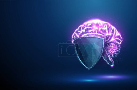 Abstract brain behind guard shield. Medicine desease and treatment concept. Low poly style. Blue geometric background. Wireframe connection structure. Modern 3d graphic. Vector