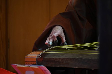 Ancient Japanese court music (called 'GAGAKU' in Japan) performance. Gagaku consists of percussion, wind and string instruments.