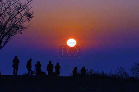 Photo for The first sunrise of the new year. Traditional cultural events for Japanese people who welcome the new year are going to a Shinto shrine for New Year's visit and watching the first sunrise of the year. - Royalty Free Image