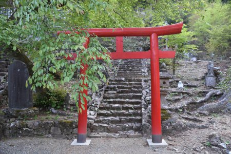 Torii gate. It represens a boundary between the secular world and the sacred world. The color of the torii was originally white, but it changed to red under the influence of Buddhism.