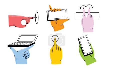 Illustration for Hand holding smartphone. Vector icon of people hold smartphone or using touch gestures for mobile phone while reading. Press and point, pich and unpinch, rotate and swipe symbol. Digital device - Royalty Free Image