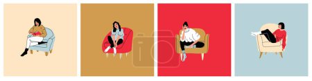 Illustration for Young fashion women or girls sitting on the arm chair or sofa at home. Female character visiting friend, relaxing after work, models sitting in various poses. Cartoon vector hand drawn illustration - Royalty Free Image