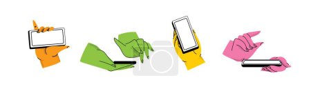 Illustration for Hands holding smartphone. Vector icon of people hold smartphone or using touch gestures for mobile phone while reading. Press and point, pich and unpinch, rotate and swipe symbol. Digital device - Royalty Free Image