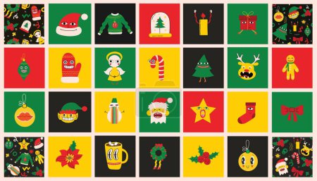 Téléchargez les photos : Grande collection de cartes d'icônes de Noël avec symboles de Noël traditionnels et éléments décoratifs. Modèle de vacances de Noël dans un design plat tendance - en image libre de droit