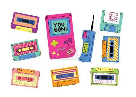 Ilustración de Set de iconos vectoriales Gadgets 90s. Popular en los años 90 gadgets consola de juegos, cassette de audio, disquete, teléfono móvil, vhs cassette, etc. Viejos aparatos de tecnología hipster y electrónica en diseño plano - Imagen libre de derechos