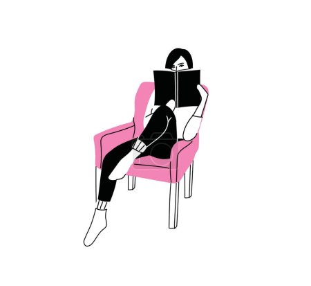 Ilustración de Mujer joven leyendo libro vector de fondo. Chica relajada cómoda sentada en el sofá y leyendo, aislada sobre fondo blanco. Acogedor moderno hogar interior ilustración. - Imagen libre de derechos